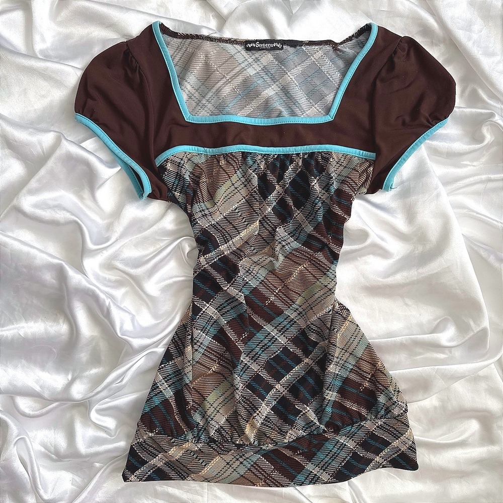 Sixteen Stretch Y2K Plaid Square Neck Top Brown Turquoise Short Sleeve Blouse
